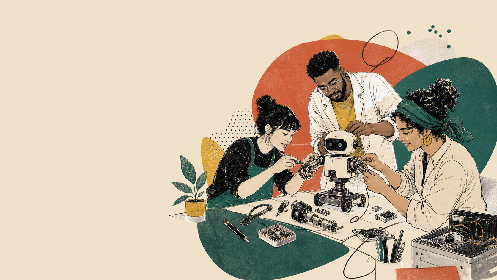Three researchers collaborating on a small robot at a workbench
