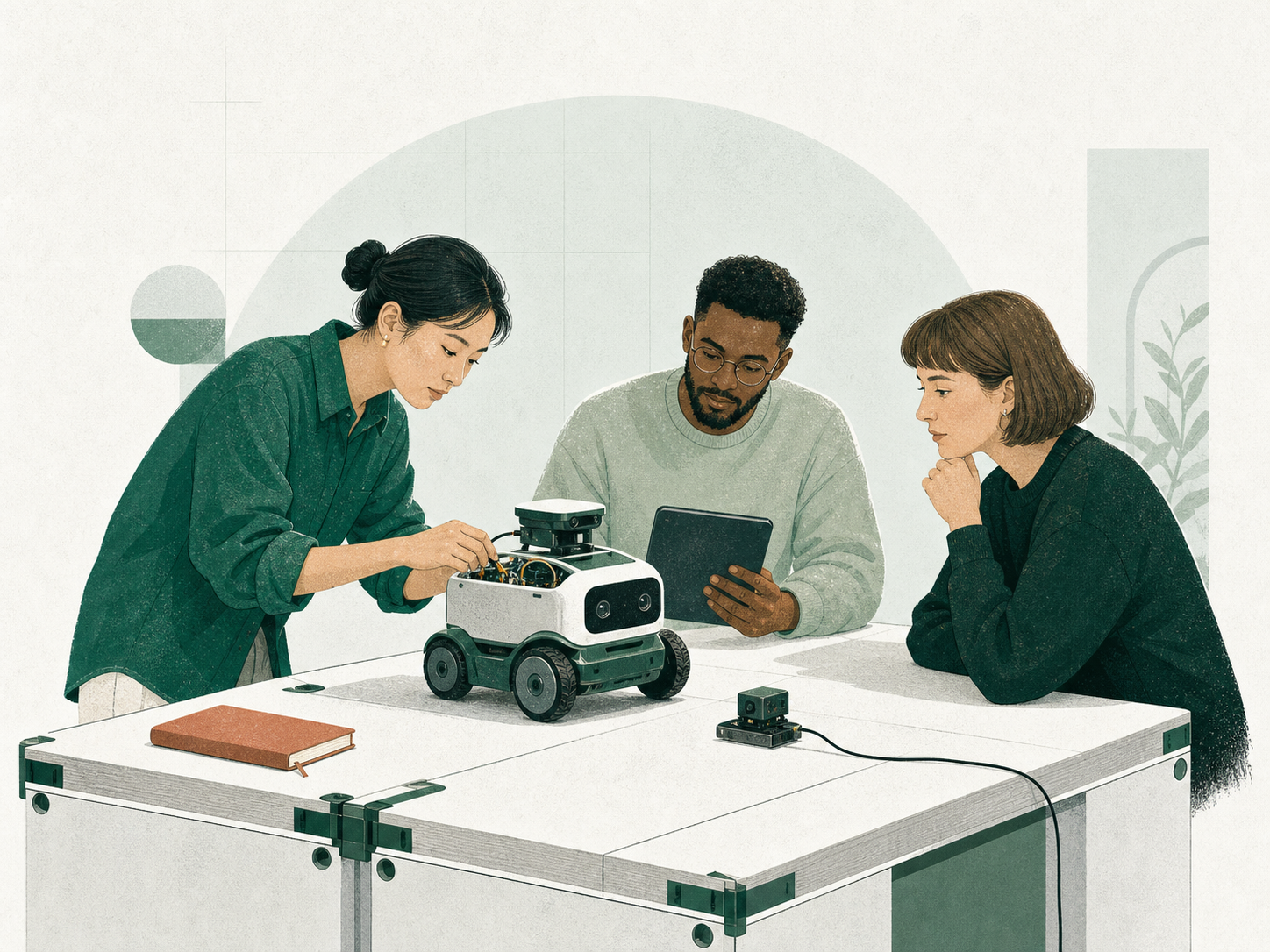 Three researchers calibrating a small robot at a workbench